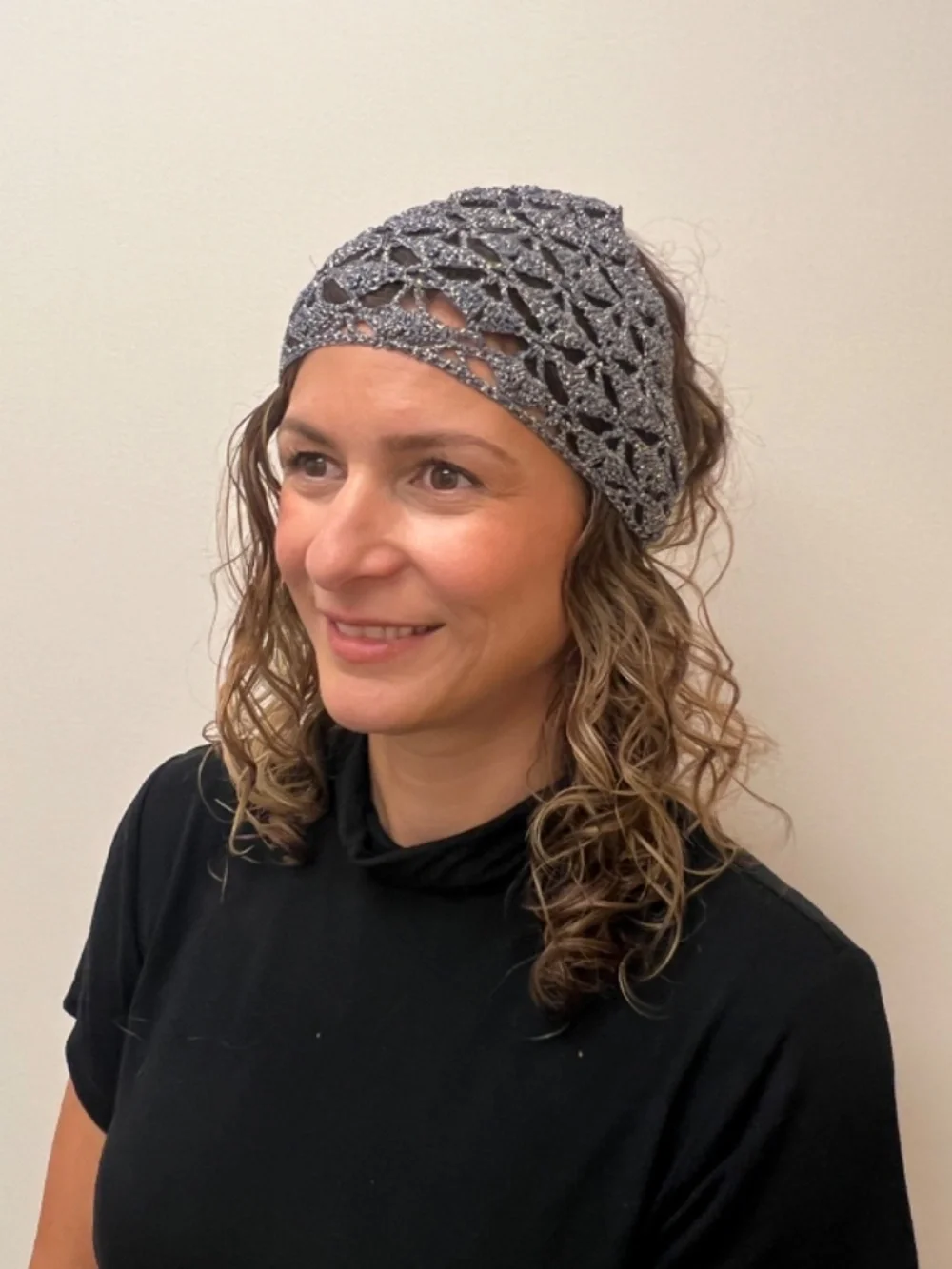 Hand made triangle cotton bandana head scarf cotton grey/bluish w/silver lurex